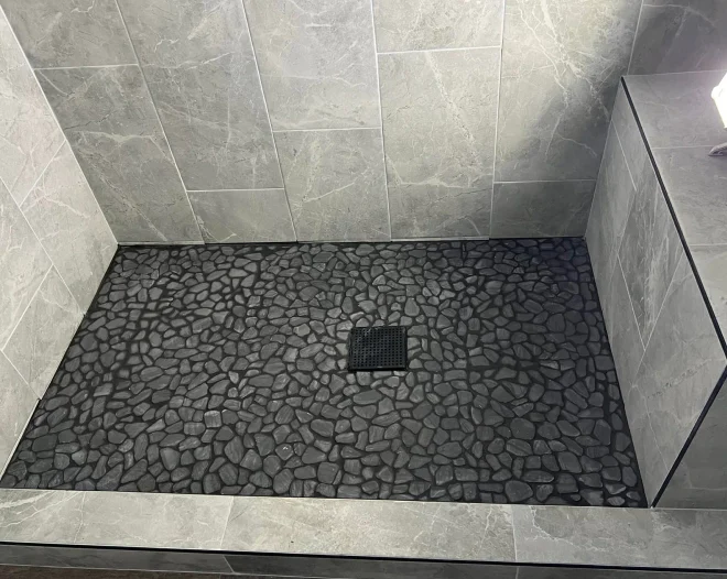 a newly remodeled bathroom flooring